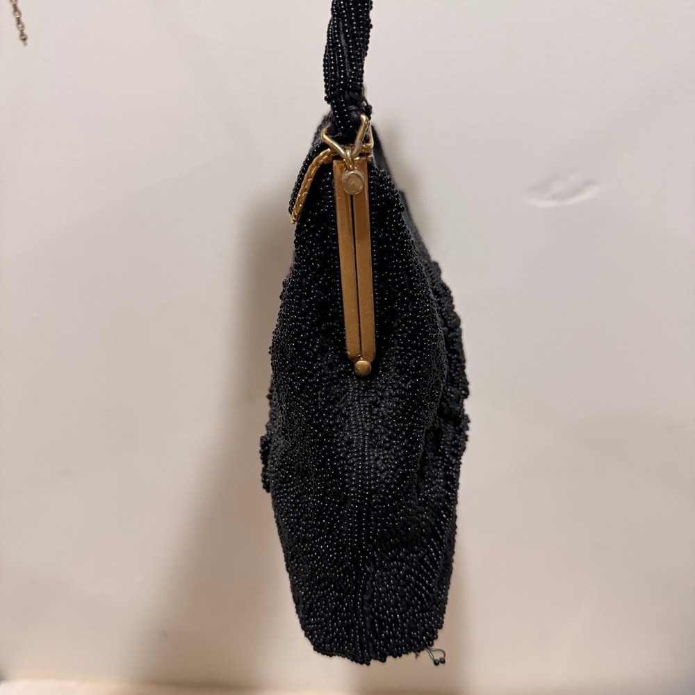 Vintage 1960s Black Hand Beaded Floral Evening Handbag Made in Hong Kong - Picture 4 of 14